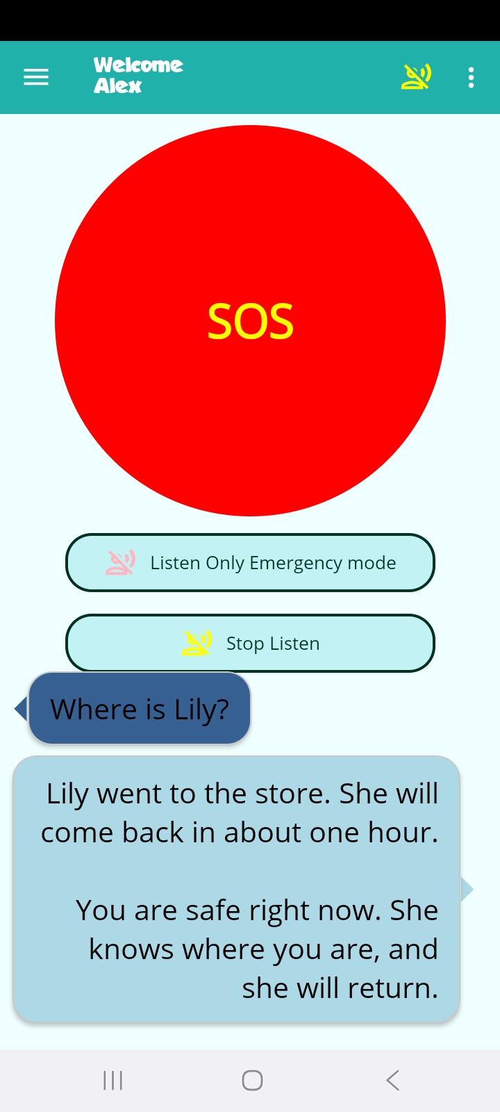 Toyra patient support screen with SOS button and speech assistance.